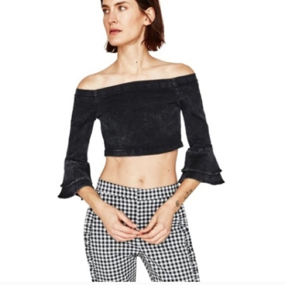 HP🎉NWT Zara woman premium denim black denim crop with bell sleeves - Picture 4 of 11
